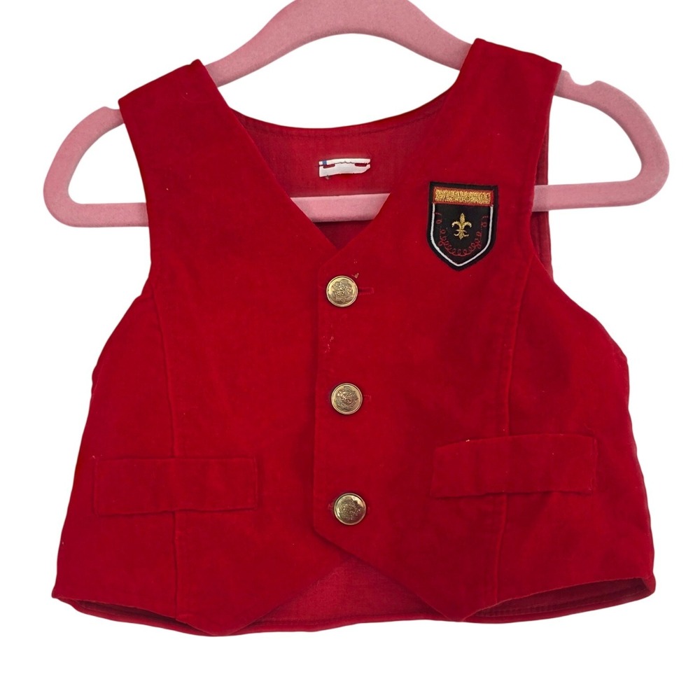 Boys Red Velvet Vest with Gold Buttons and Crest Detail‎